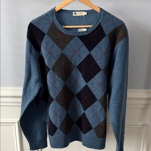 J. CREW Mens Blue Argyle Lambs Wool Crewneck Pullover Sweater Sz XL NWT NEW